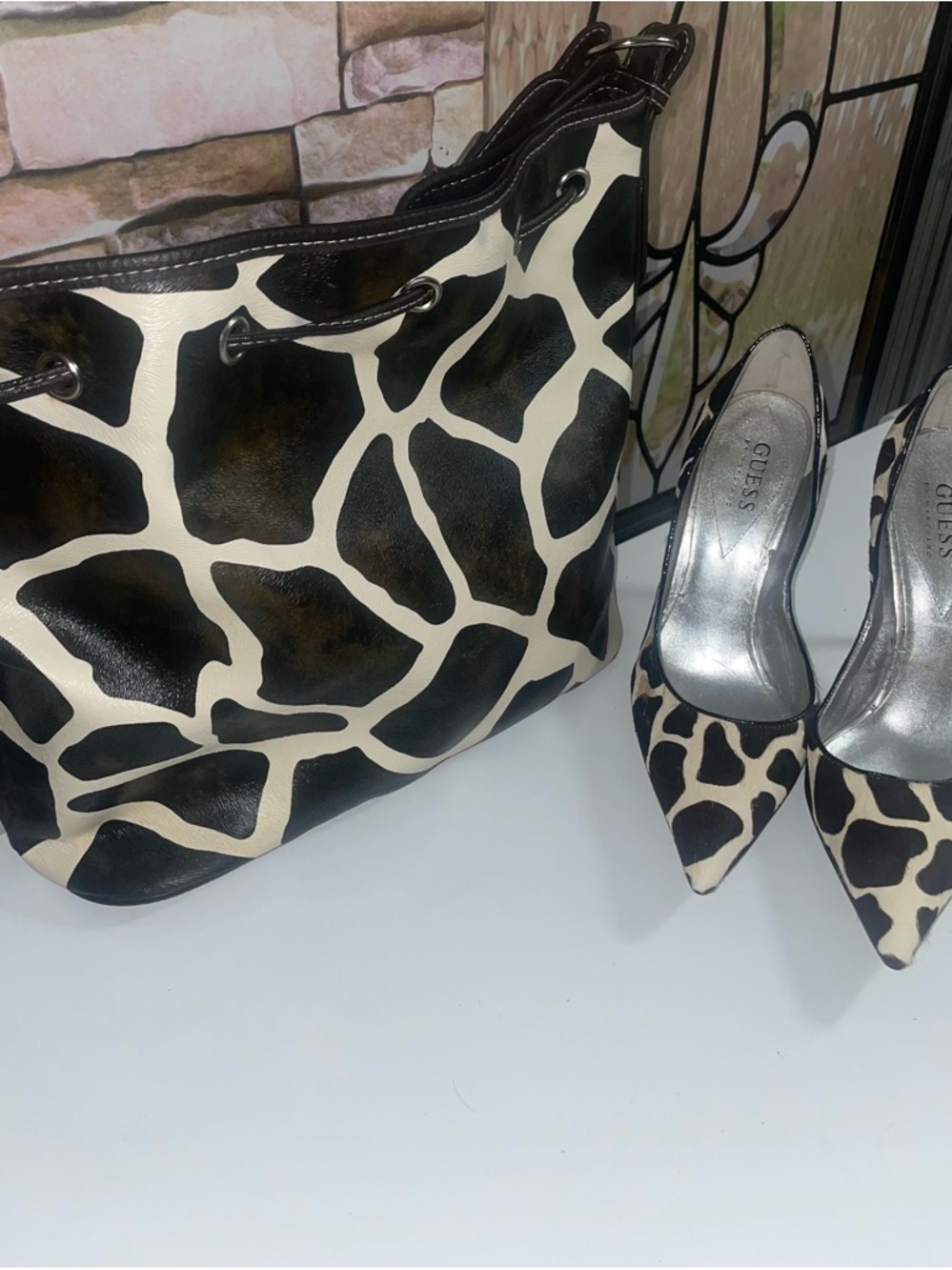 GUESS Black and Cream Giraffe-Print Hobo Bag  AS IS